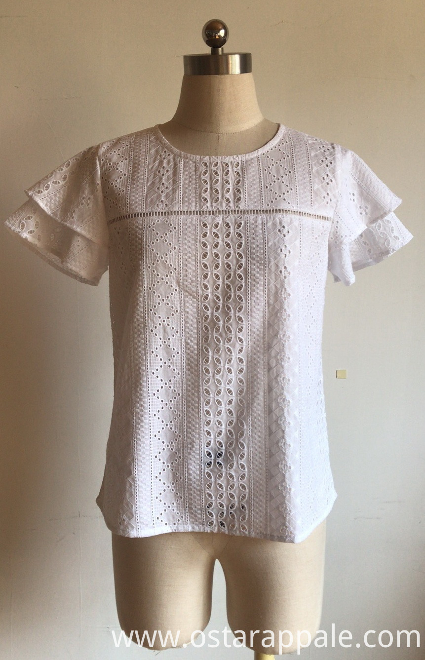 Short Sleeve with Lace Cotton Voile Embroidery Blouse